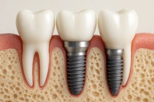 A close-up image of a dentist placing a dental implant into a patient's jawbone, with surgical tools and equipment visible. No text on the image.
