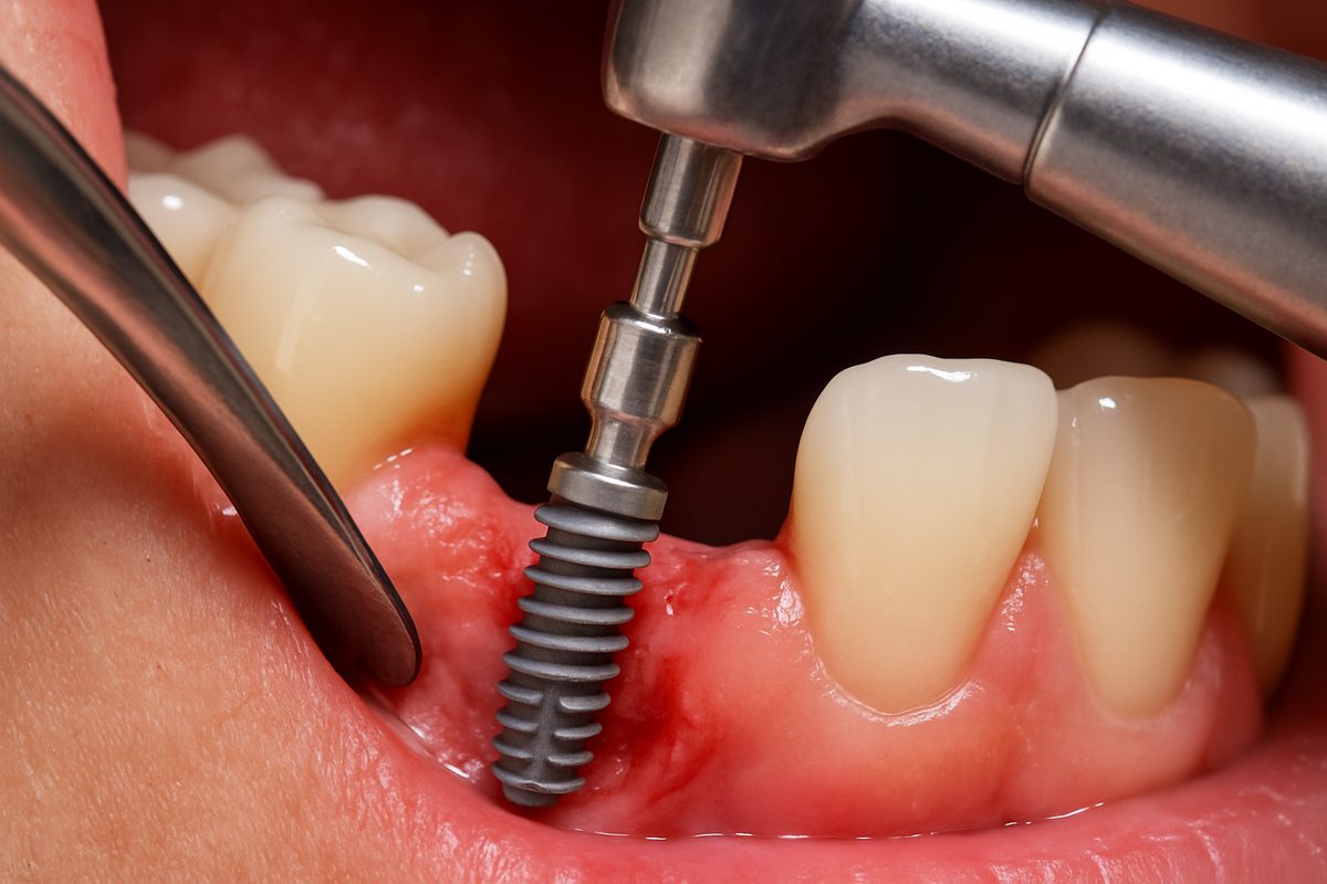 A close-up image of a dental implant being placed into a patient's jawbone, highlighting the precision and care involved in the dental implants bozeman mt process. No text on image.