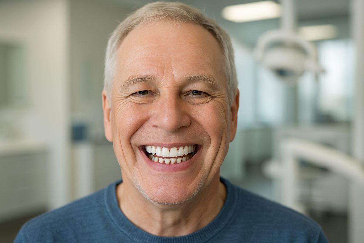 A person with dentures smiling confidently, with dental implants visible in their mouth. The background is blurred, but suggests a modern dental office setting. No text on image.